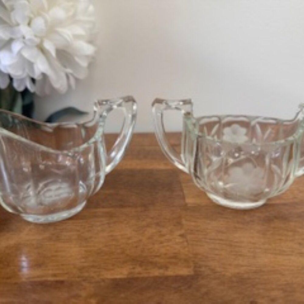 Vintage Etched Floral Glass Cream and Sugar Set Clear Heavy‎ Pressed Glass